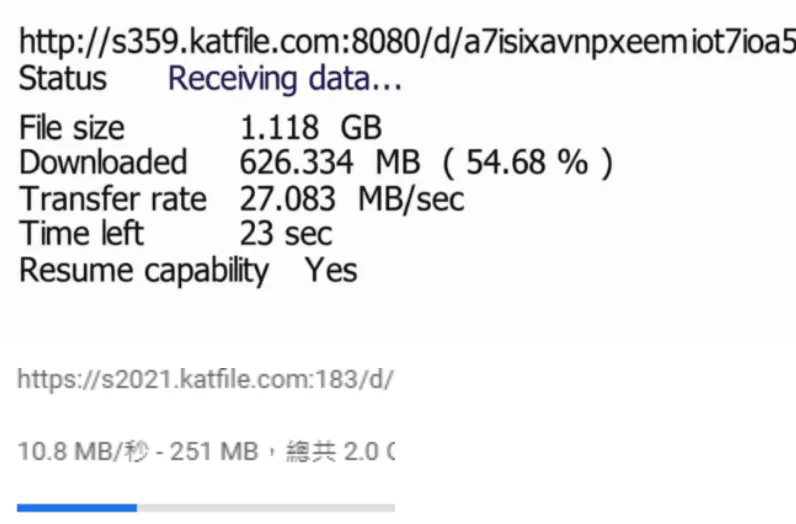 Katfile Premium browser speed test with two active downloads